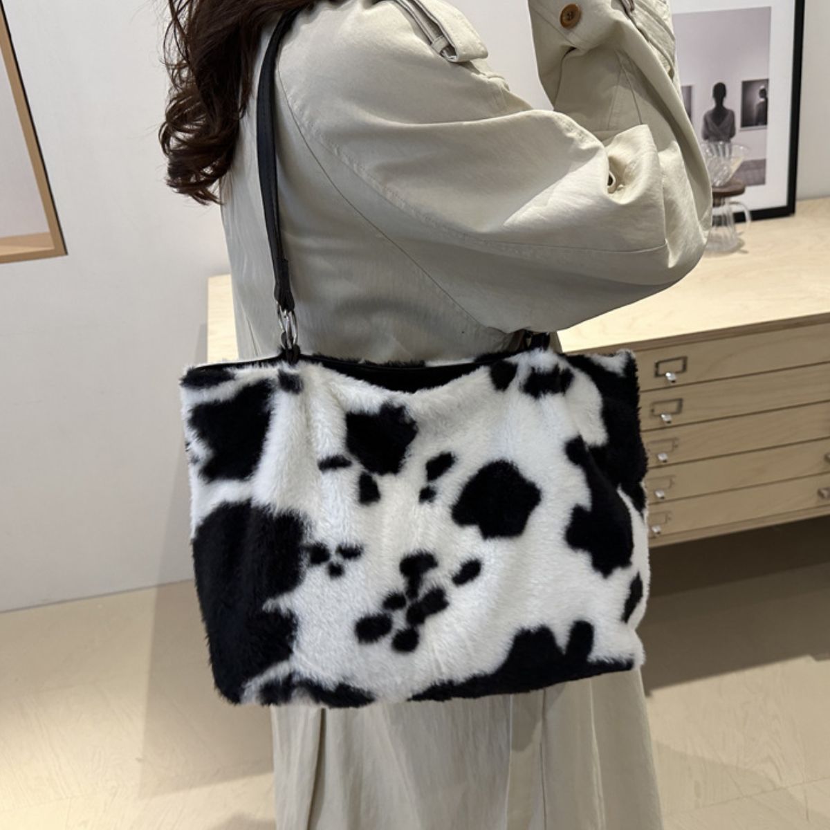 Cow Print Furry Tote Bag